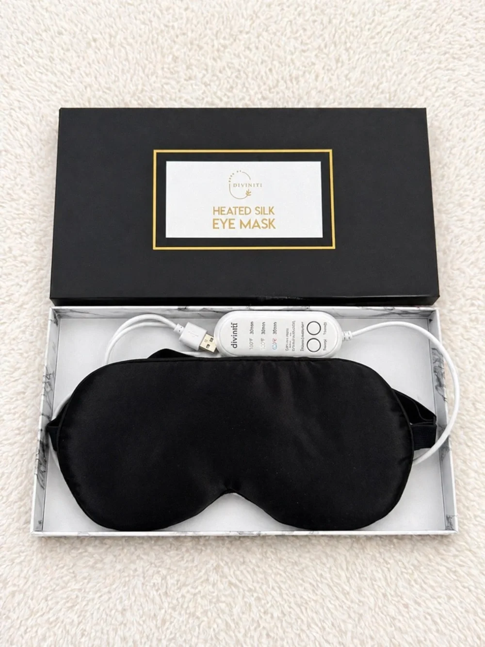 Diviniti Heated Silk Eye Mask Black USB Sleep Mask Relaxation Therapy EUC